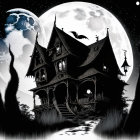 Silhouette of haunted house and twisted trees under dual full moon night sky