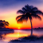 Digital artwork: Palm tree silhouette at sunset with warm colors