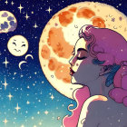 Stylized purple-haired woman profile against moon and stars