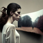 Woman with Long Hair Viewing Solitary Figure on Forest Path Canvas