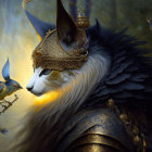 Regal white fox in golden crown and armor with blue birds in ethereal glow
