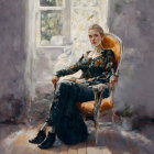 Woman in Patterned Sweater and Black Boots Sitting on Vintage Chair by Window with Flowers