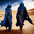 Two figures in ornate blue robes in desert landscape.