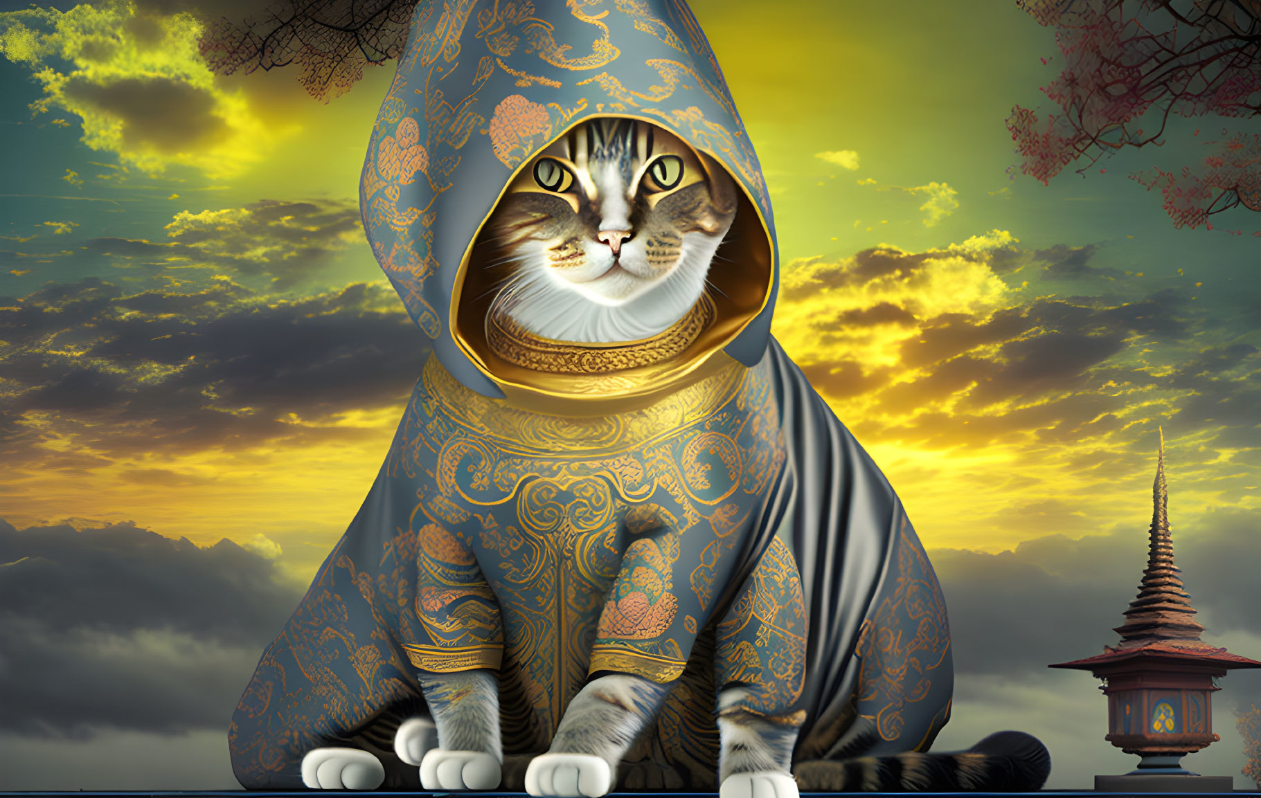 Striking Green-Eyed Cat in Majestic Robe with Pagoda and Clouds