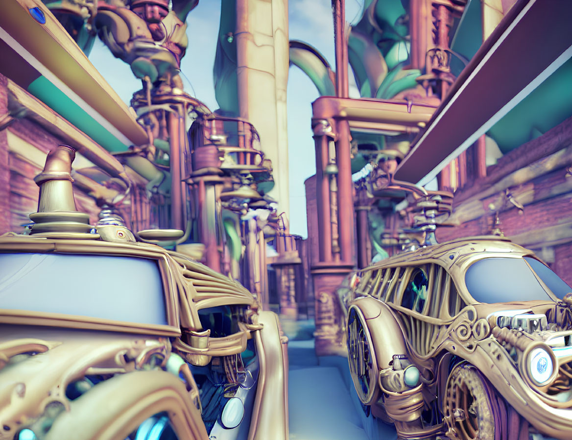 Golden futuristic cars on stylized city street with intricate designs and pastel-toned buildings.