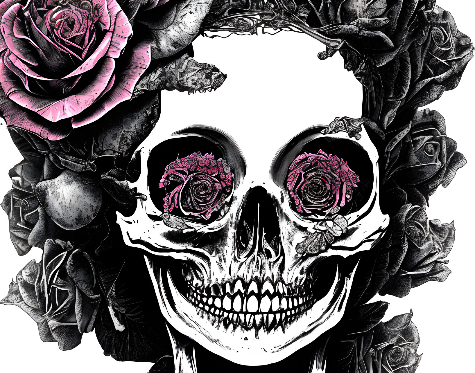 Monochrome human skull surrounded by roses and foliage