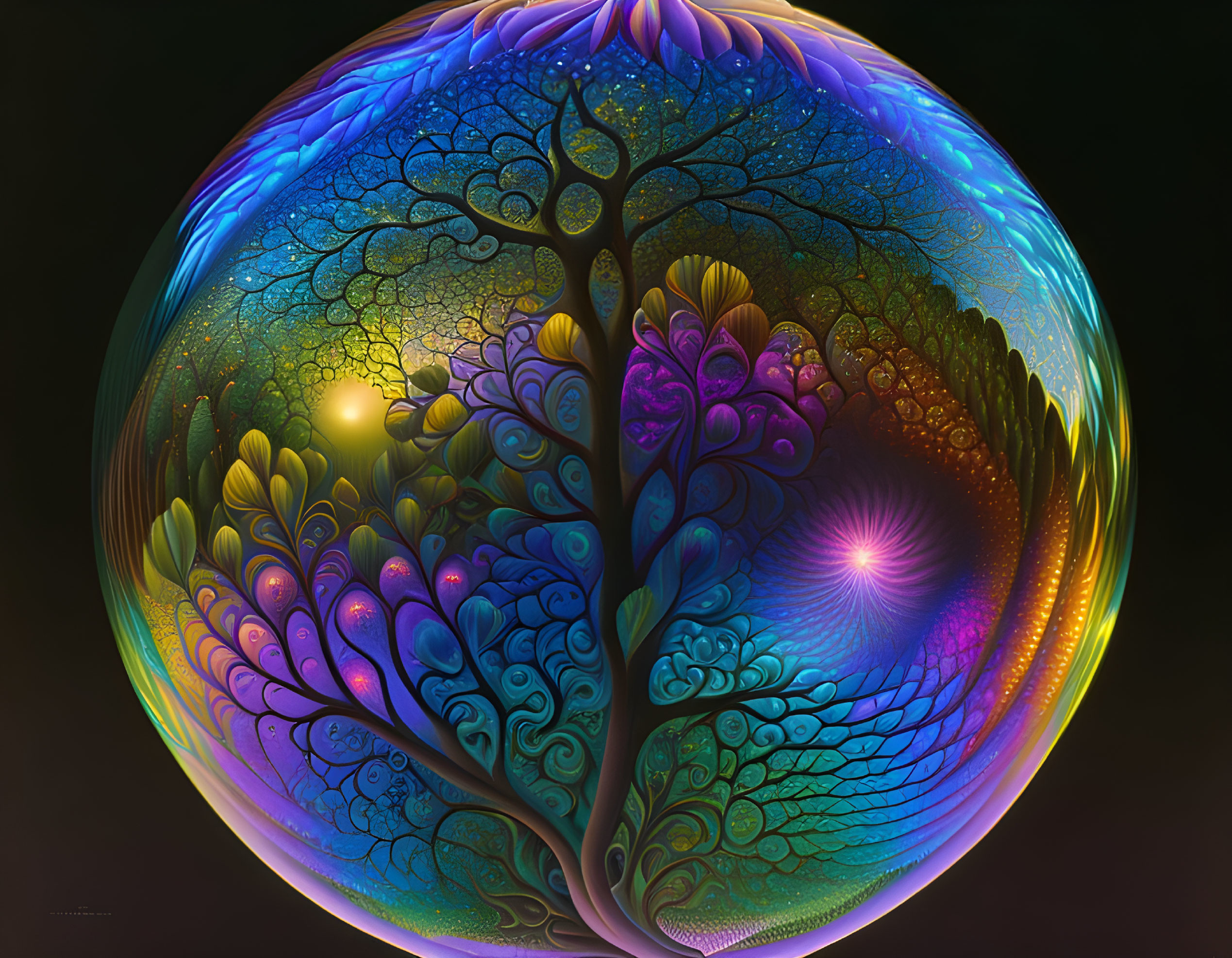 Colorful spherical tree digital artwork with luminous highlights