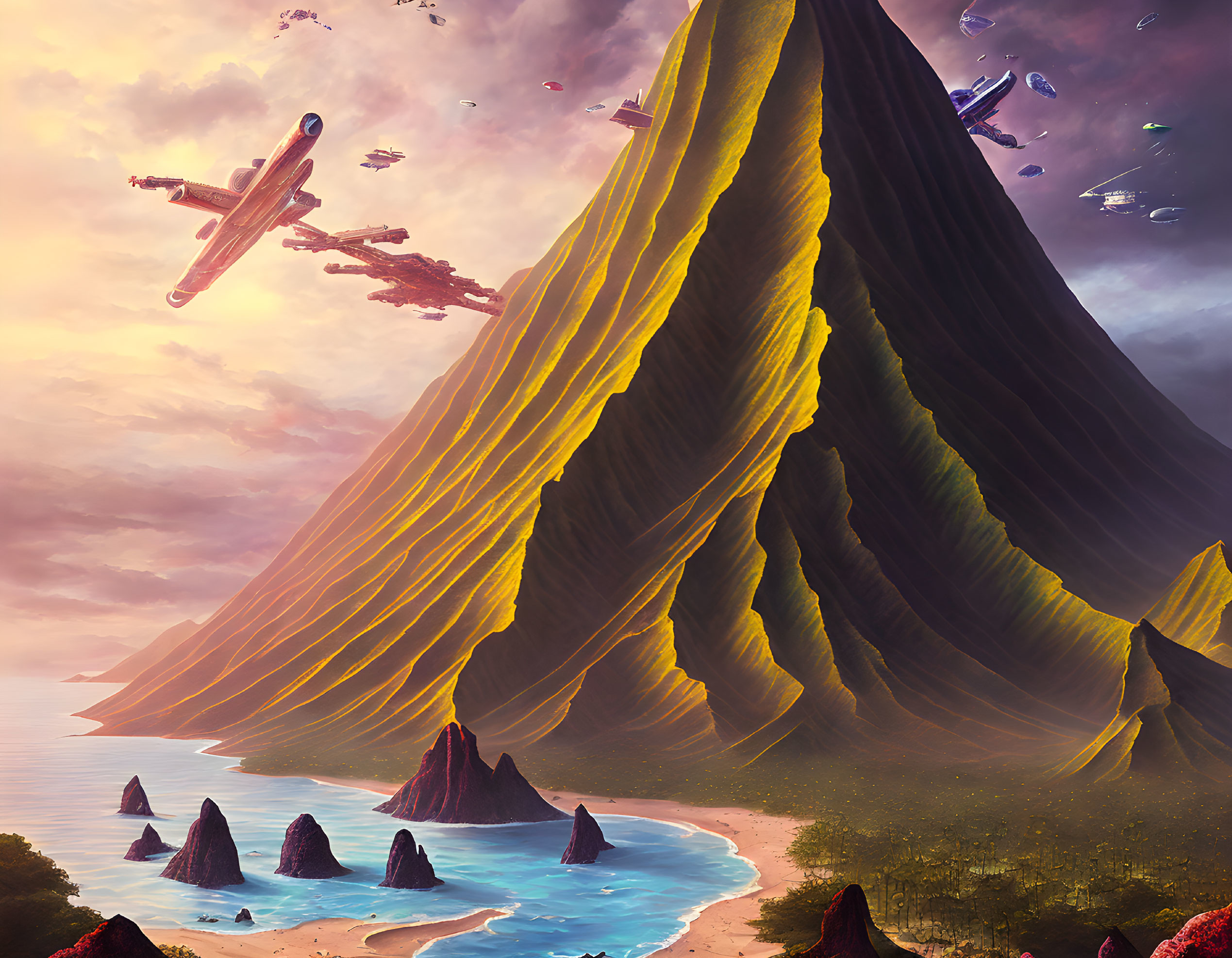 Ethereal landscape with towering mountain, serene beach, vibrant flora, and futuristic spacecraft.