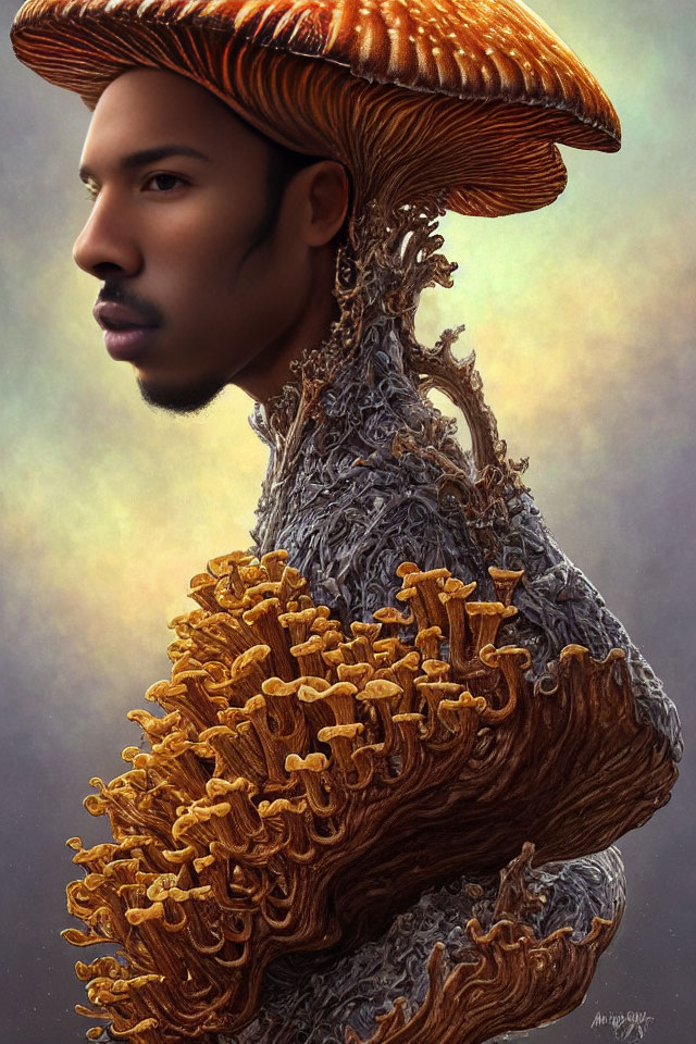 Surreal portrait of man's face with mushroom elements, intricate textures, natural color palette