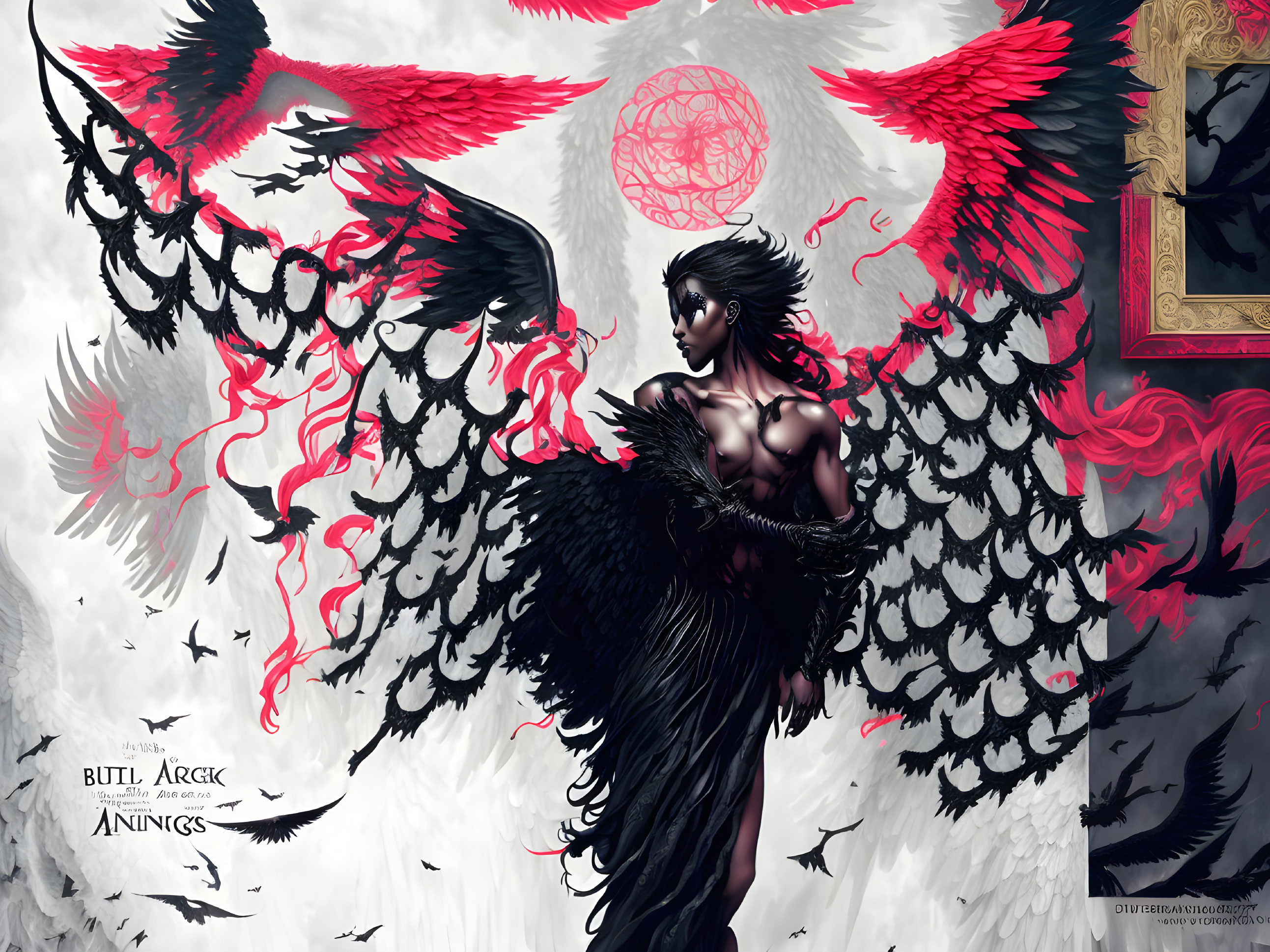 Fantasy illustration of person with black angelic wings and mystical sigil.