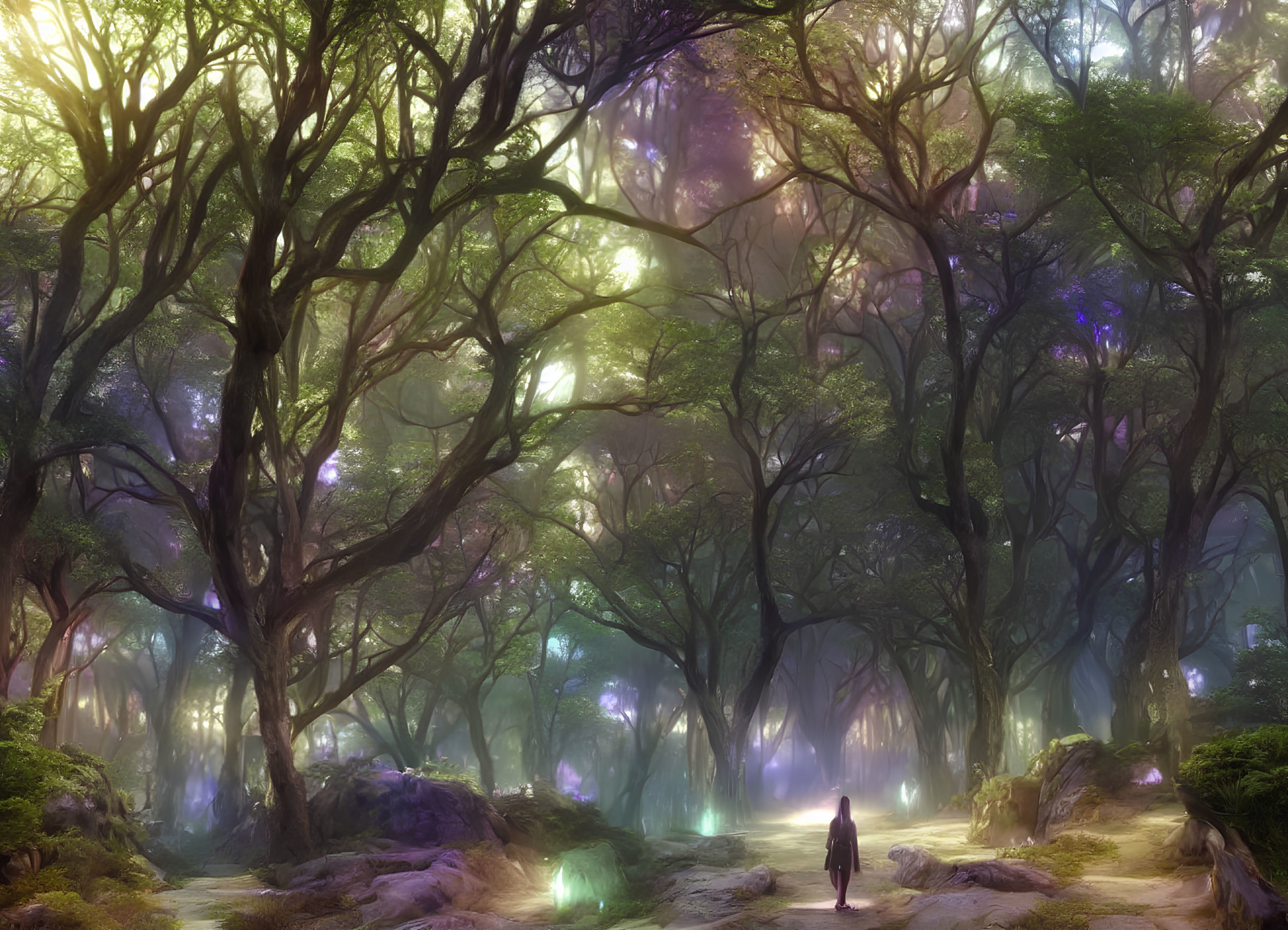 Mystical forest scene with twisted trees and purple lights