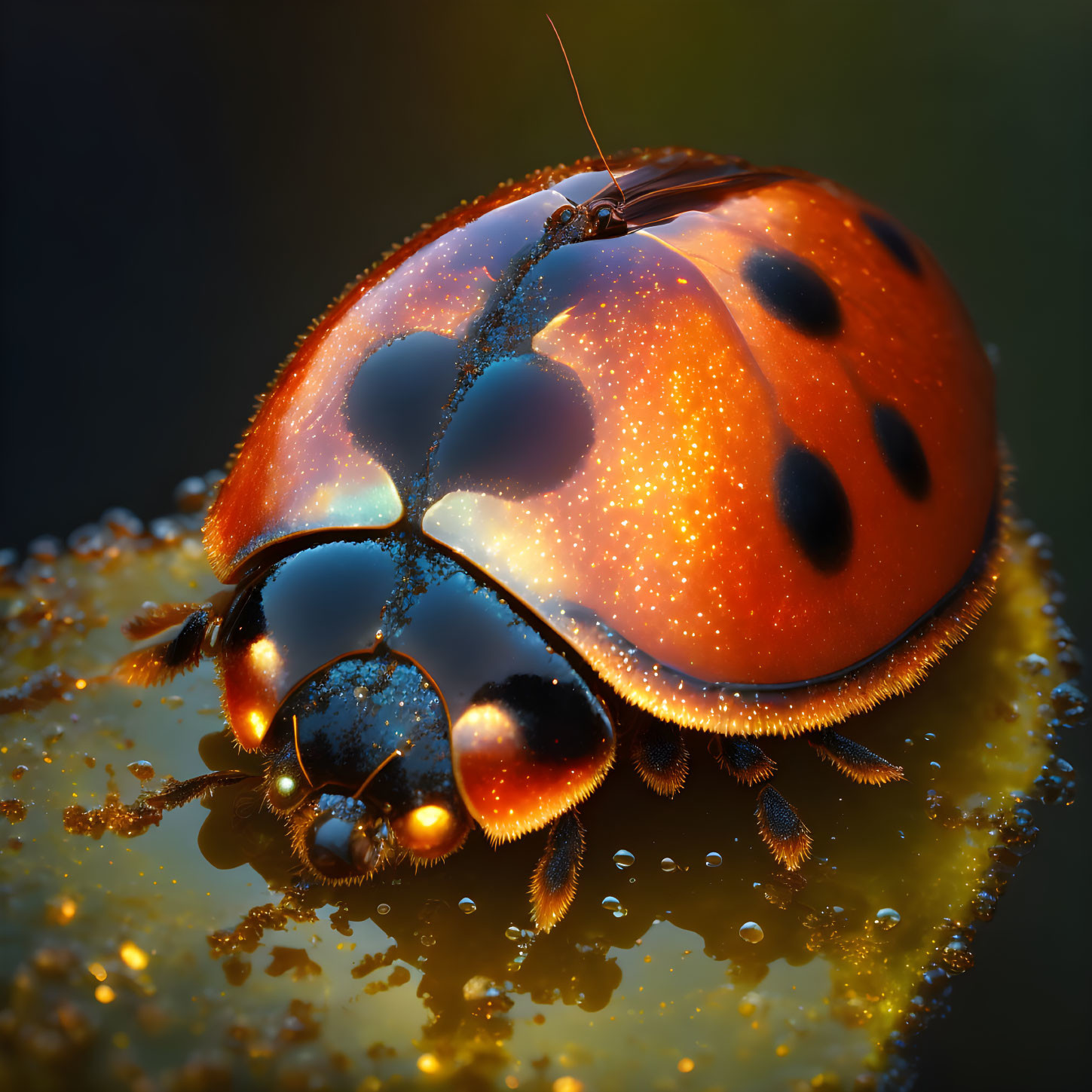 Macro photo of dew-covered ladybug on reflective surface with water droplets