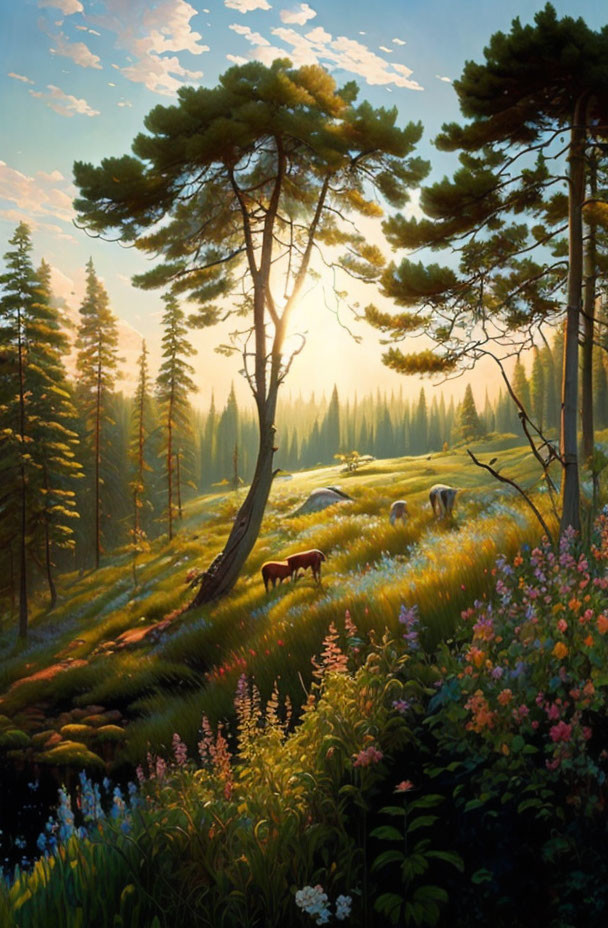 Tranquil sunrise forest scene with deer and single tree