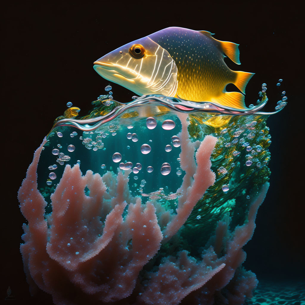 Yellow and Black Fish in Coral with Water Droplets on Dark Background