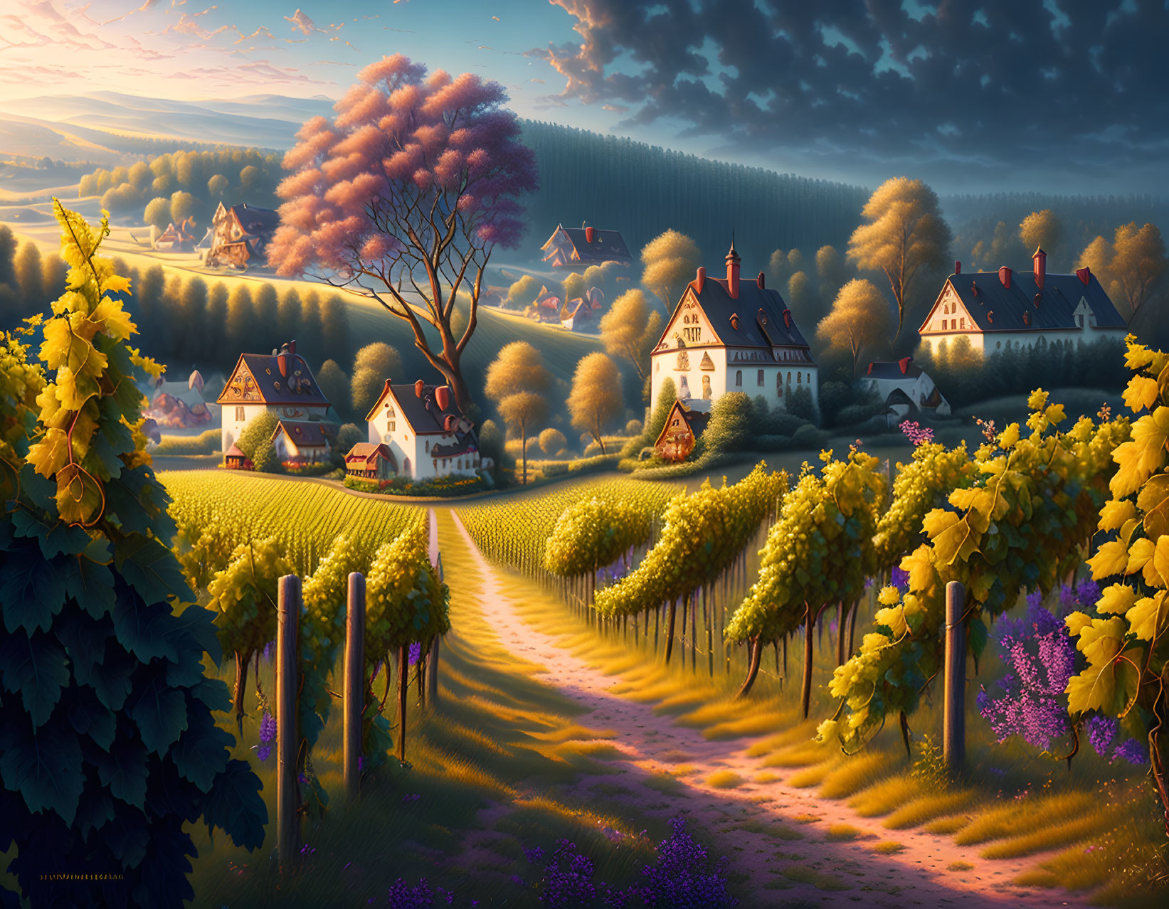 Picturesque countryside with vineyards, charming houses, blooming tree, and sunset glow