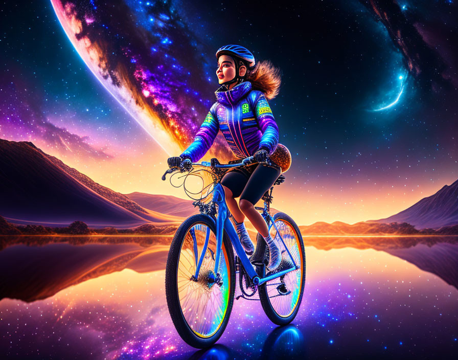 Cyclist riding on reflective surface under cosmic sky at twilight