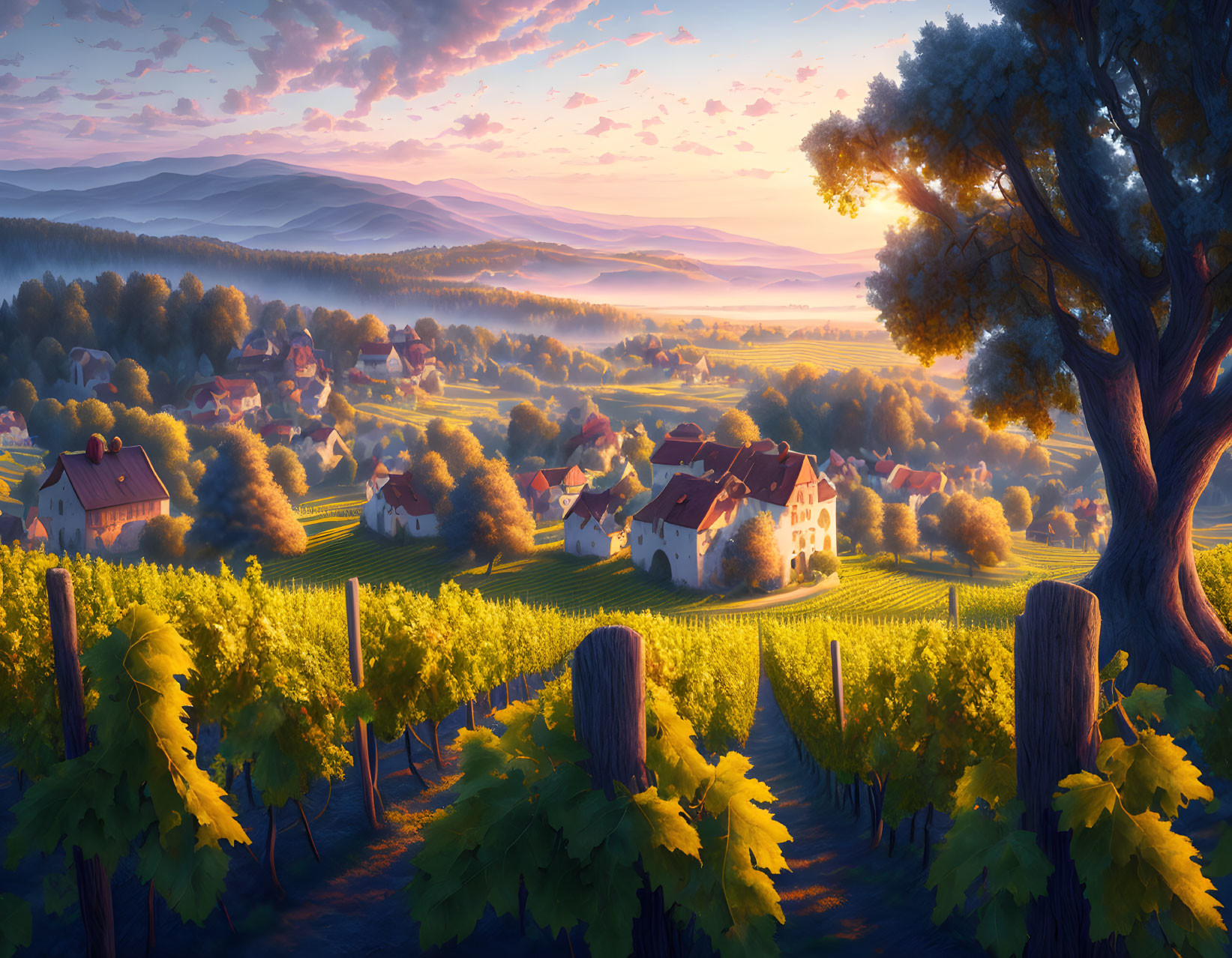 Scenic landscape with vineyard, houses, and rolling hills at sunrise