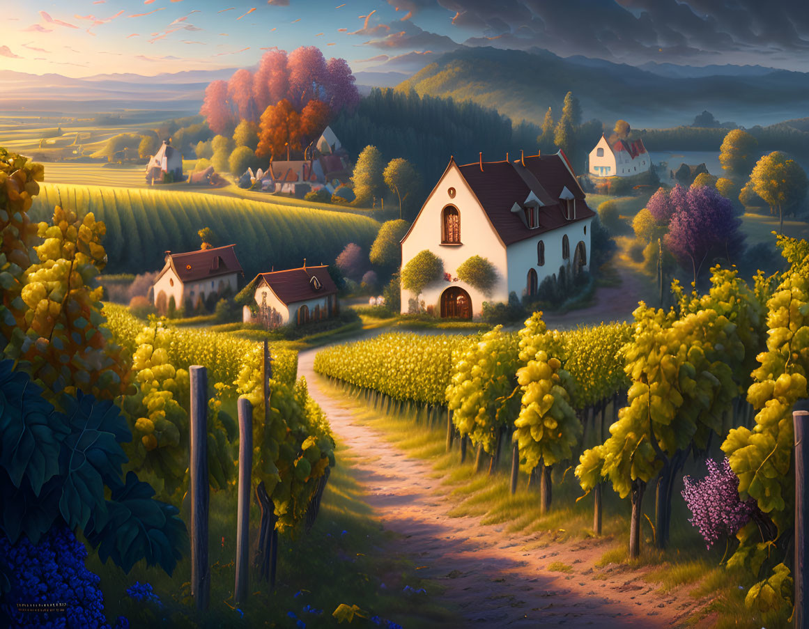 Tranquil countryside scene: Vineyards, path, cozy houses under warm sunset sky