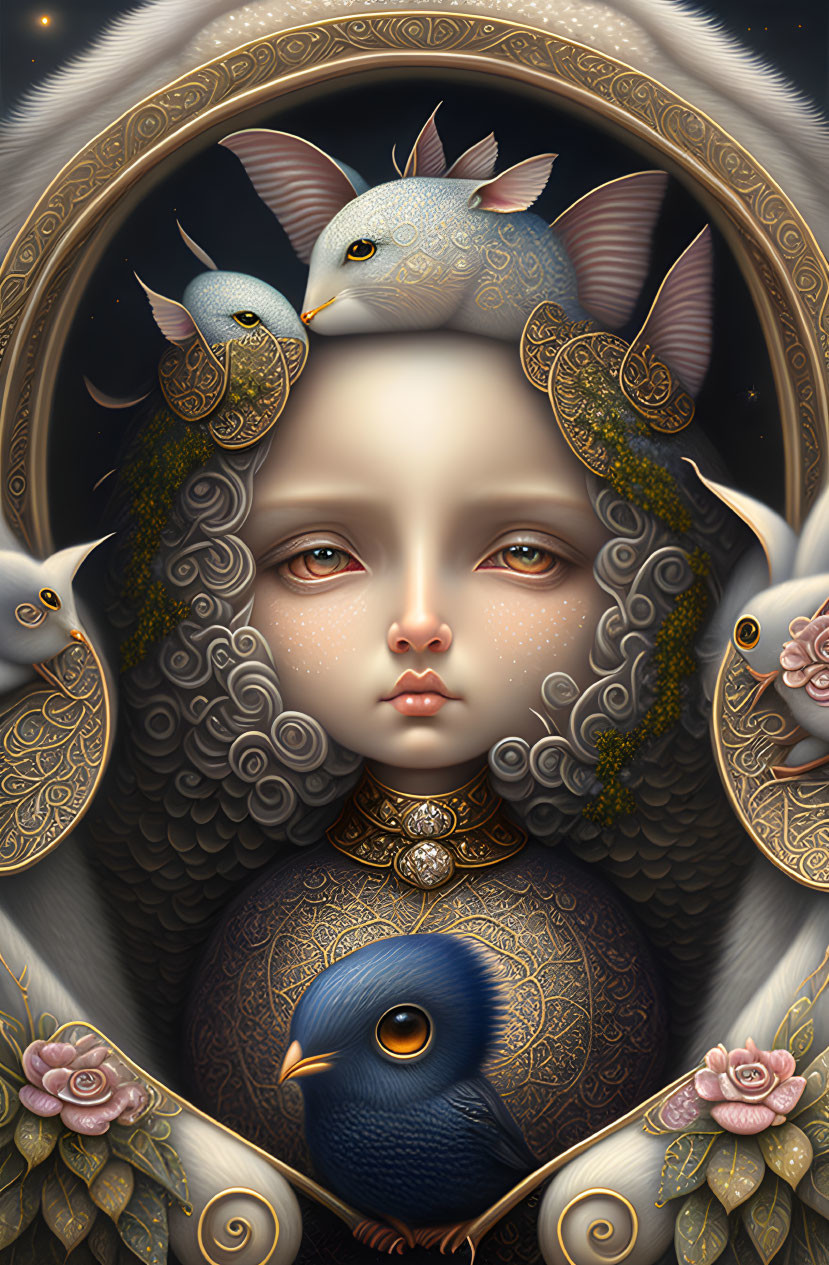 Surreal portrait of person with avian traits surrounded by ornate birds in gold frame on dark