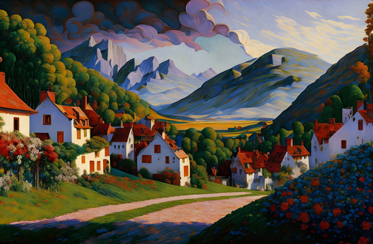 Stylized painting of quaint village with red roofs and mountains