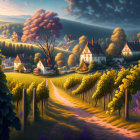 Tranquil countryside scene: Vineyards, path, cozy houses under warm sunset sky