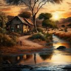 Tranquil landscape: stream, waterfall, house, tree, hills