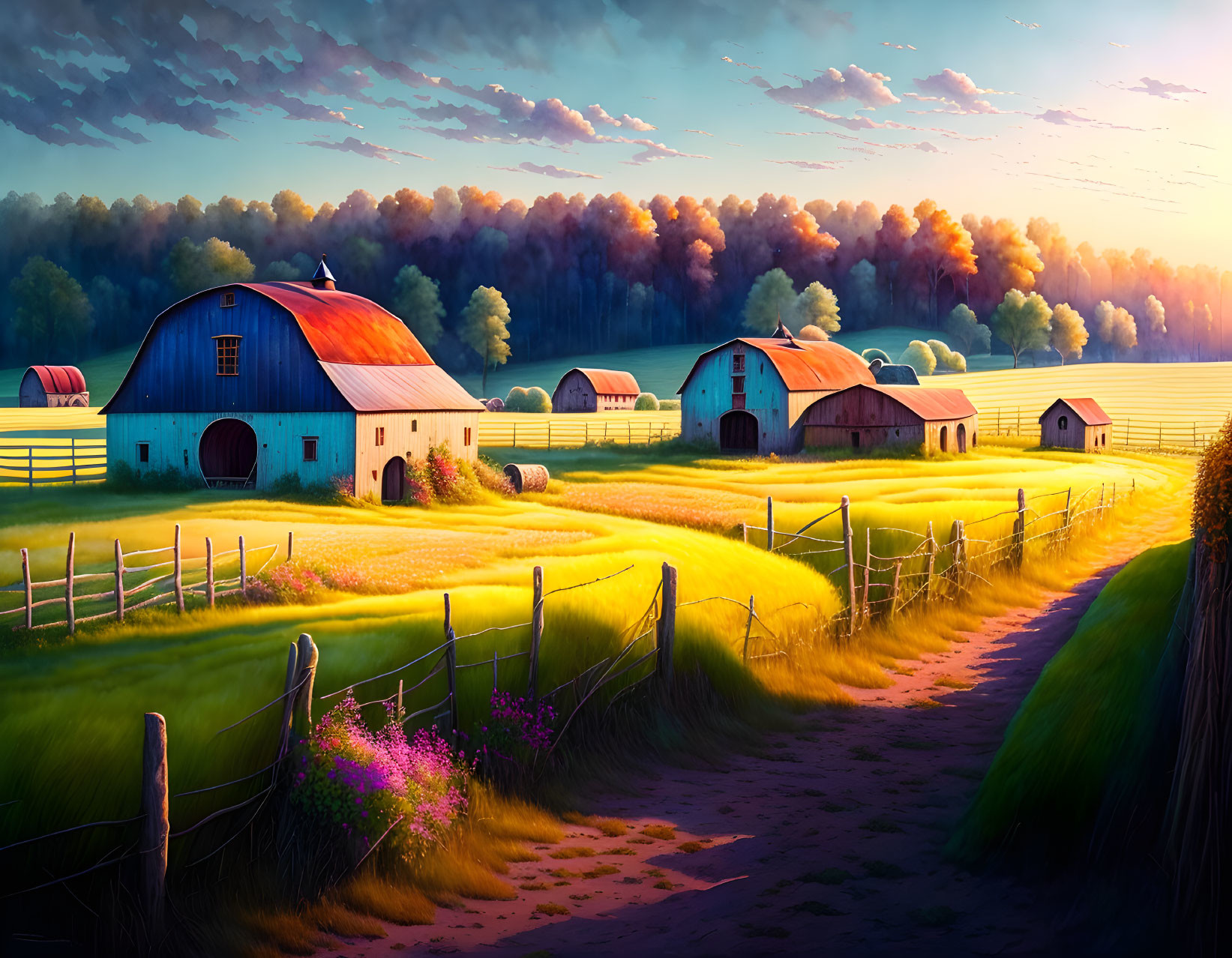 Red Barns and Golden Fields in Tranquil Rural Sunset