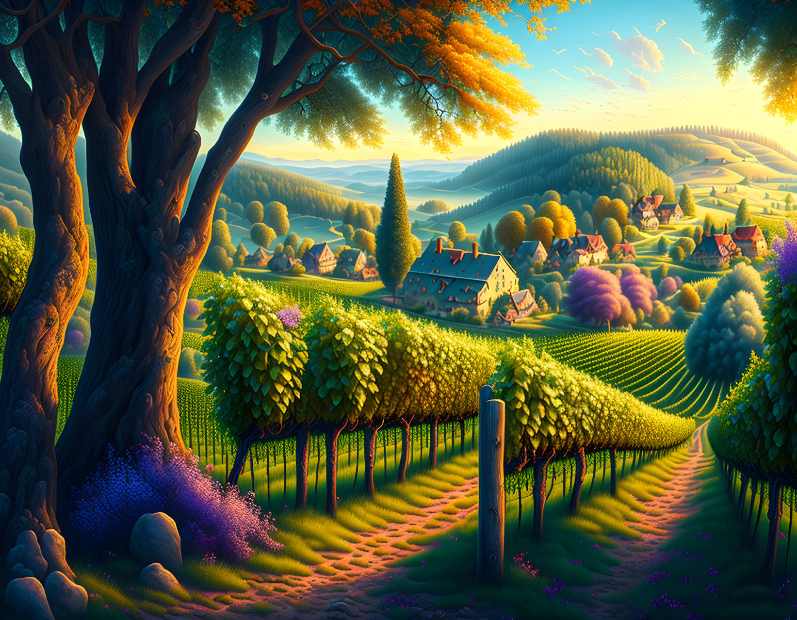 Scenic countryside with vineyards, hills, village, tree, and sunlight