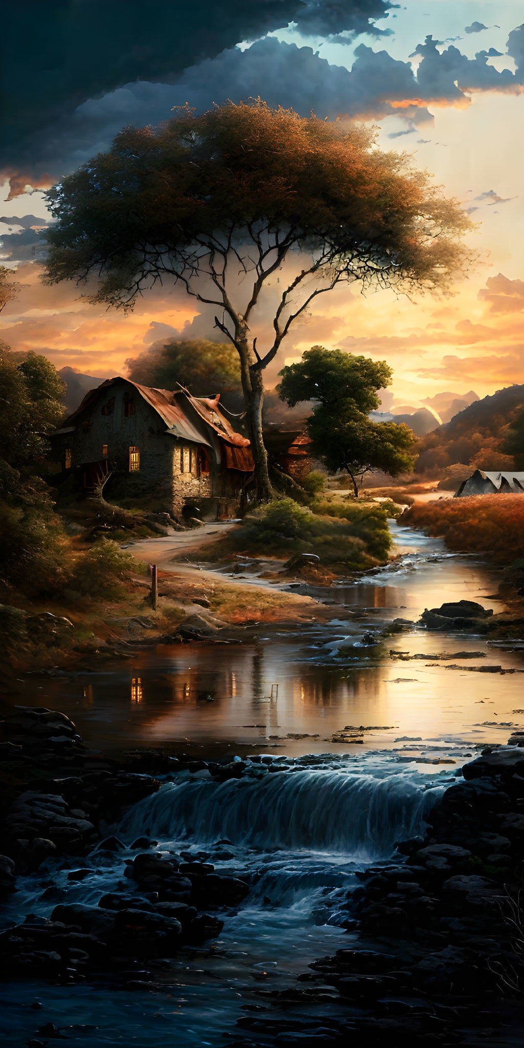 Tranquil landscape: stream, waterfall, house, tree, hills