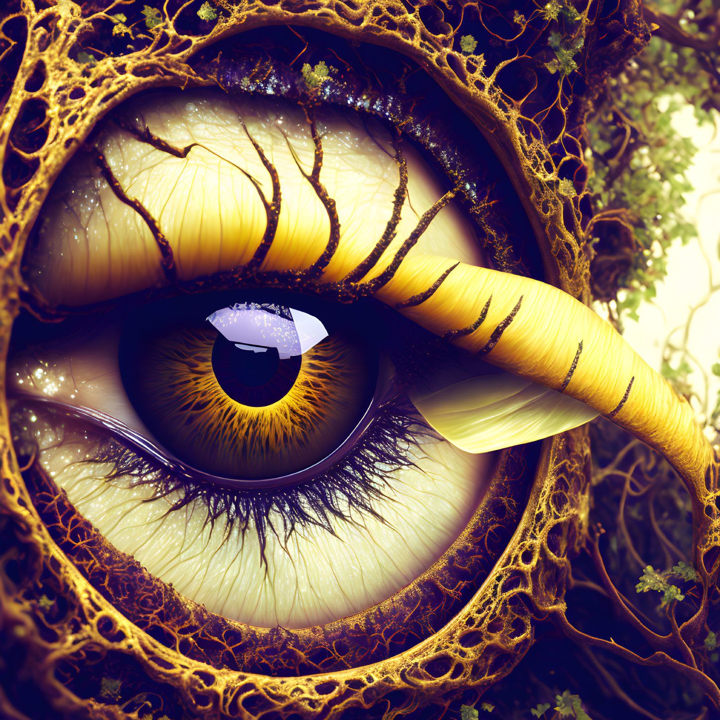 Detailed surreal eye illustration with hive textures, tendrils, and moss-like growths in earthy tones