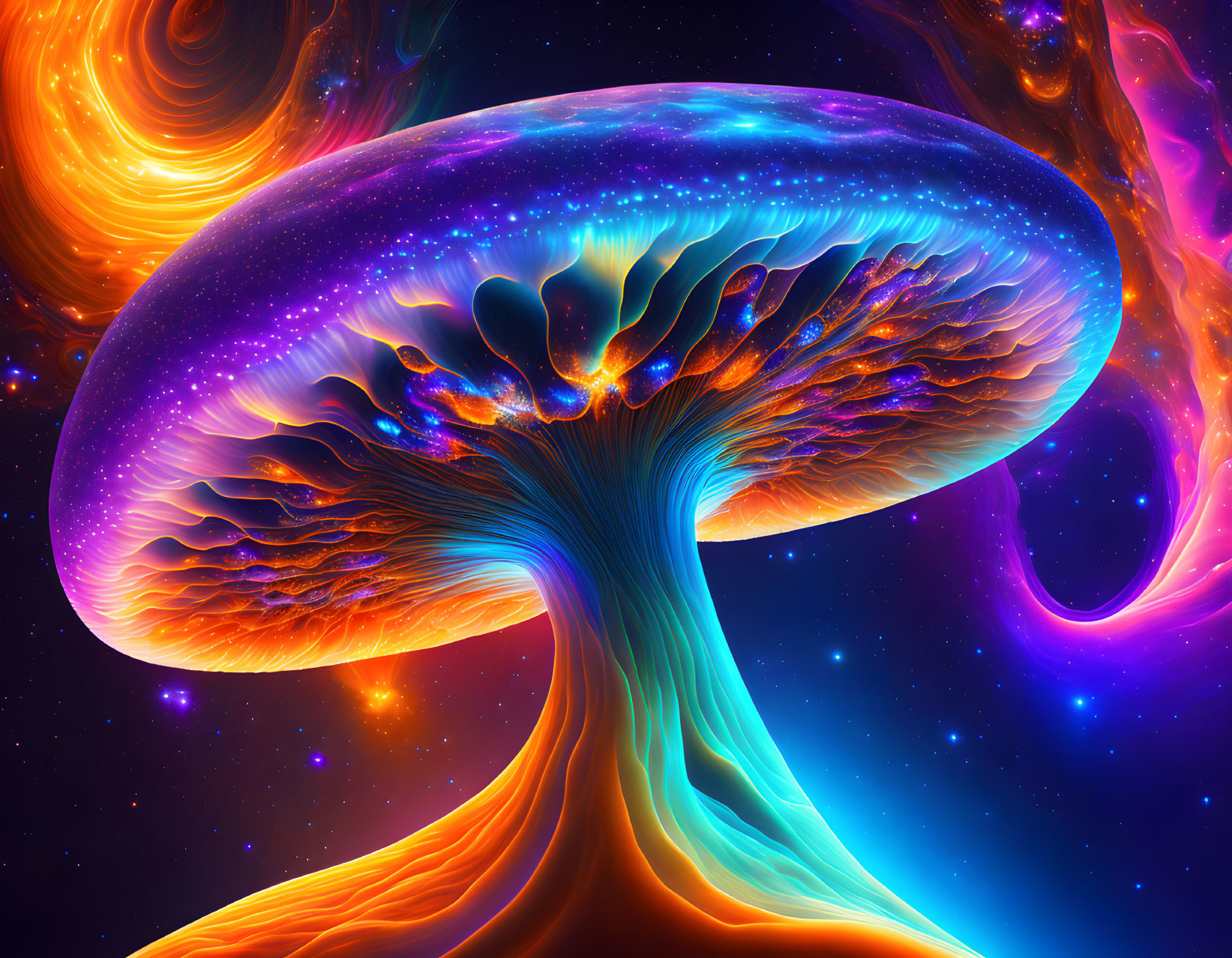 Colorful digital artwork: Cosmic tree with mushroom canopy in swirling nebula