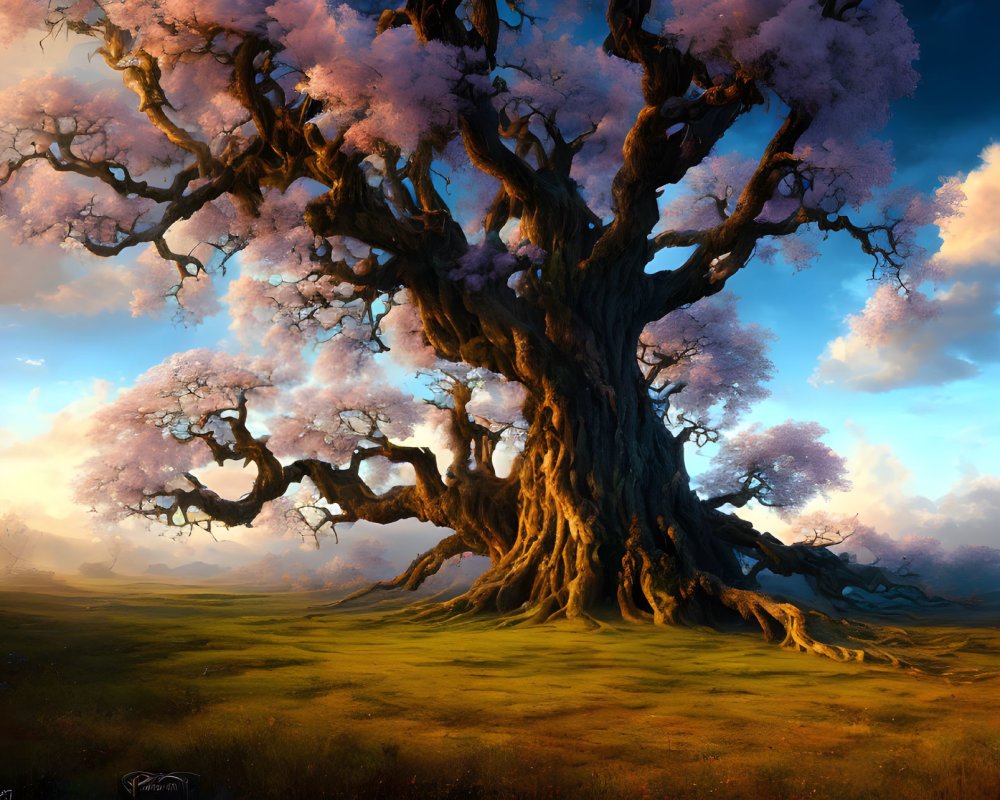 Majestic ancient tree with pink blossoms in serene field