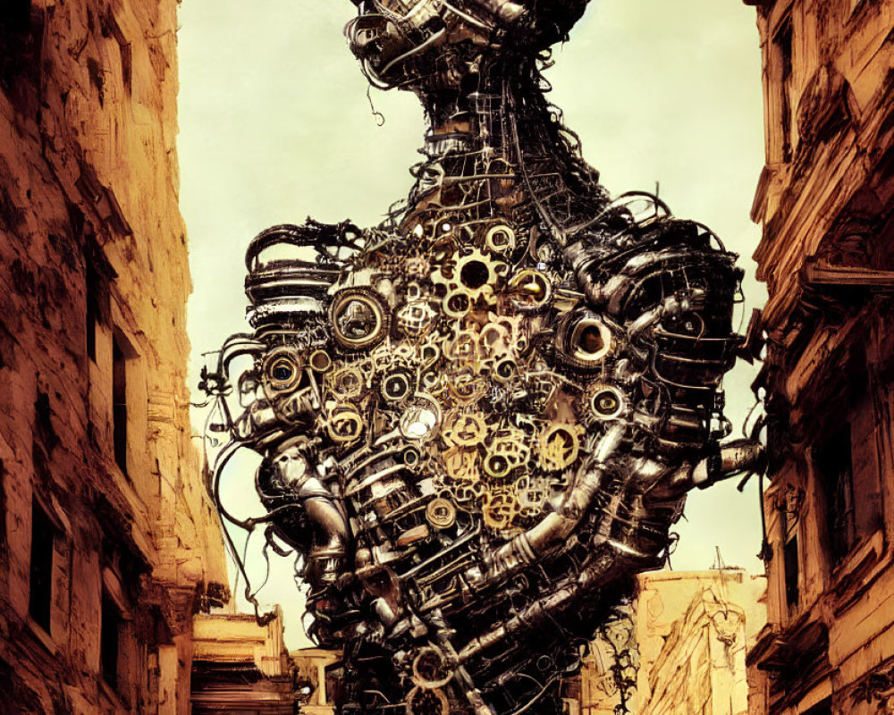 Steampunk-inspired robot blending with old city architecture in illustration