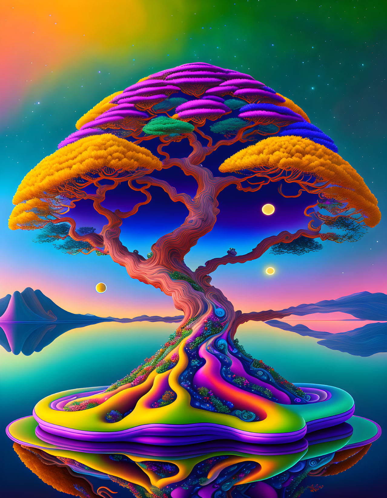 Colorful surreal tree against starry sky with mountains and lakes