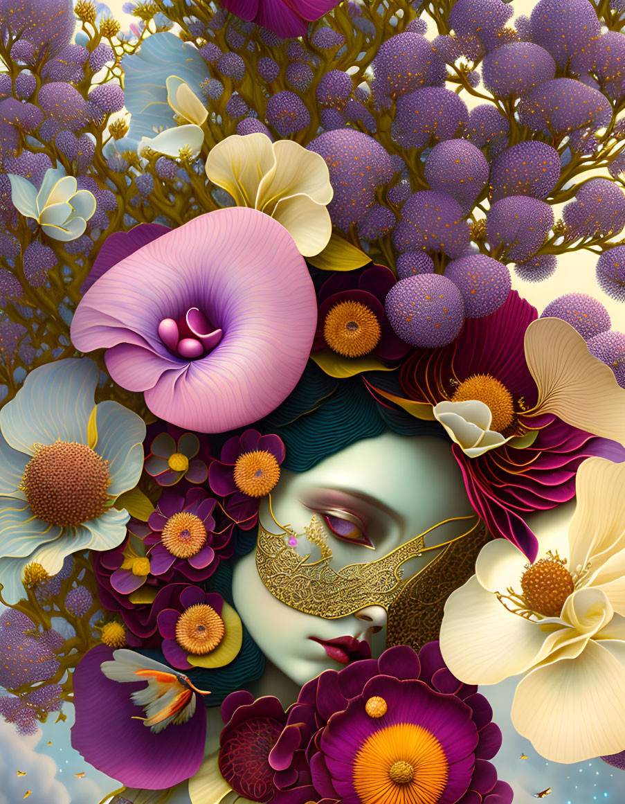 Surreal illustration of woman with golden mask, flowers, hummingbird