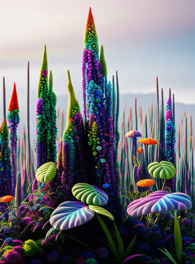 Colorful Otherworldly Garden with Towering Plant-like Structures