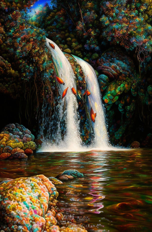 Surreal artwork of golden fish leaping from waterfall