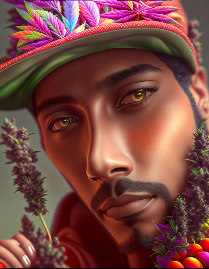 Colorful Feathered Cap Portrait with Cannabis Leaves and Golden Eyes