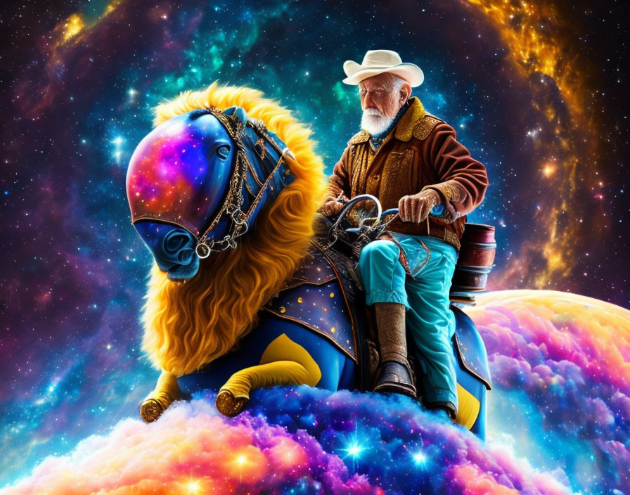 Man in cowboy hat rides alien creature in cosmic landscape