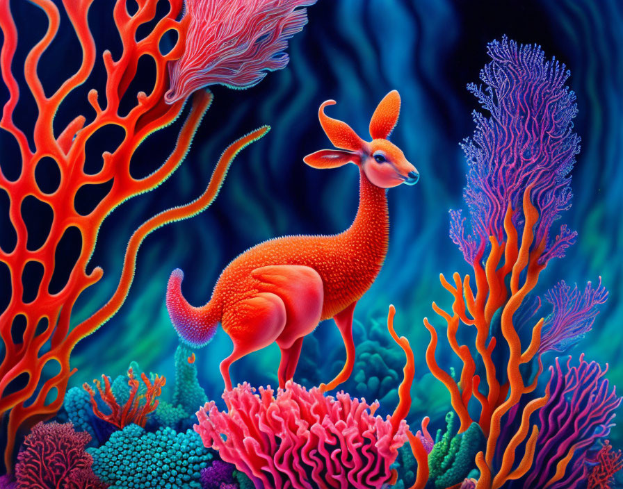 Colorful surreal orange creature with deer-like features in vibrant illustration.