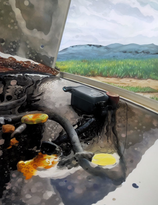 Detailed painting of car engine with serene landscape background