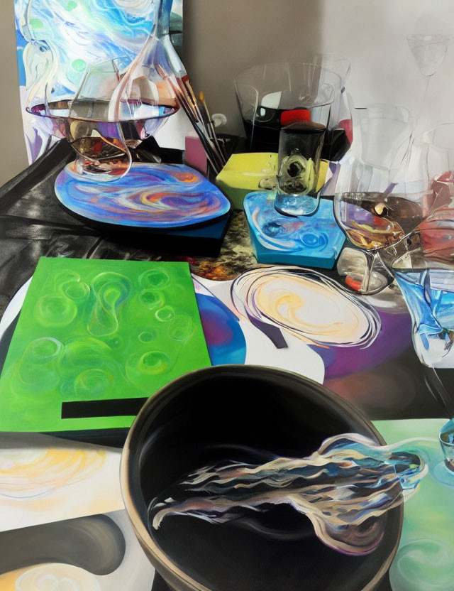 Vivid Paintings and Swirling Patterns on Table Display