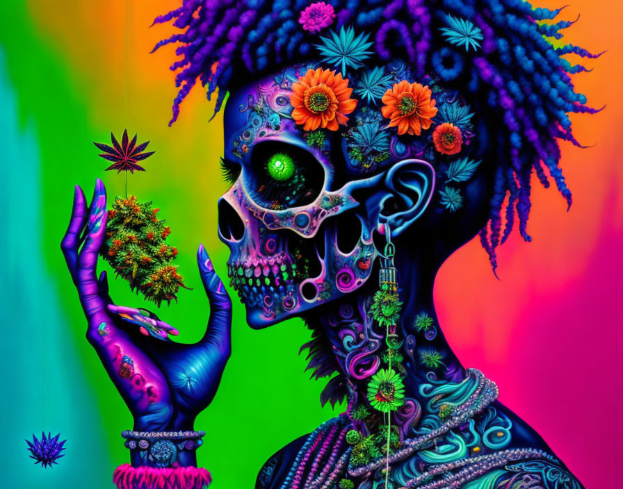 Colorful Skeleton Artwork with Floral Dreadlocks and Cannabis Plant