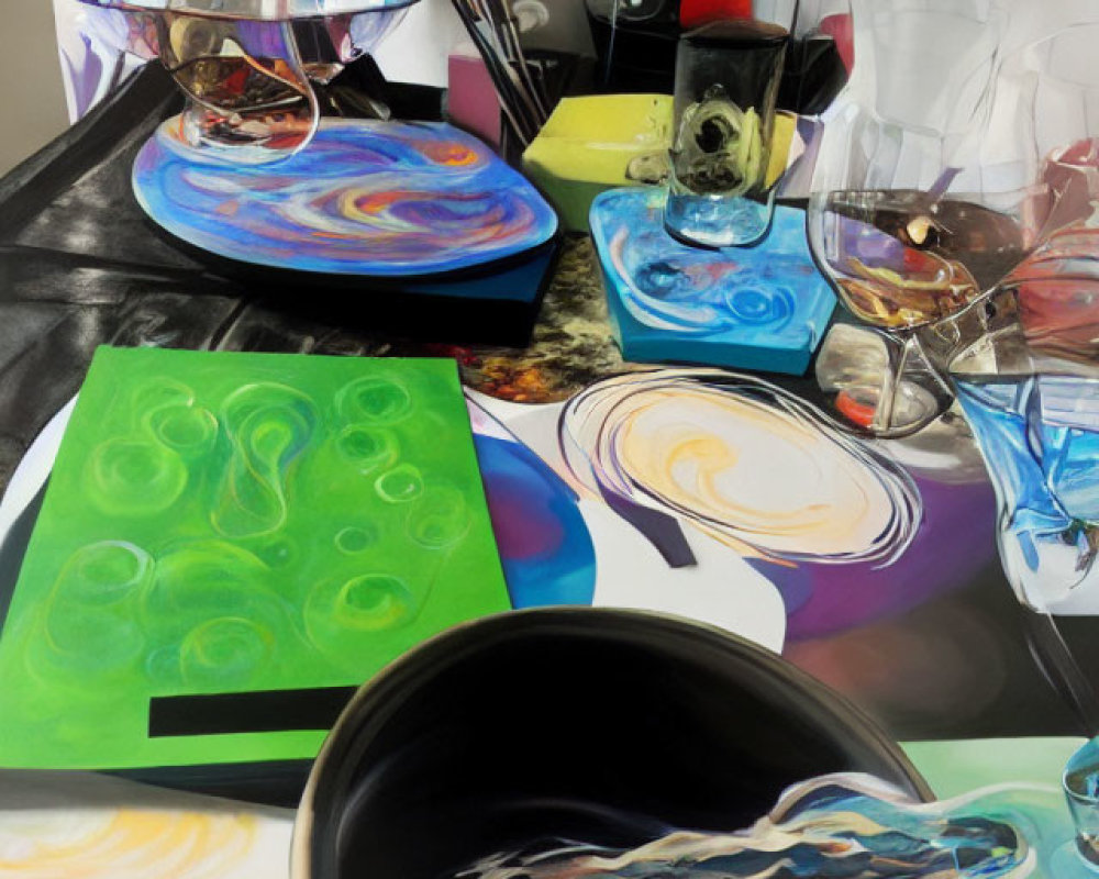 Vivid Paintings and Swirling Patterns on Table Display