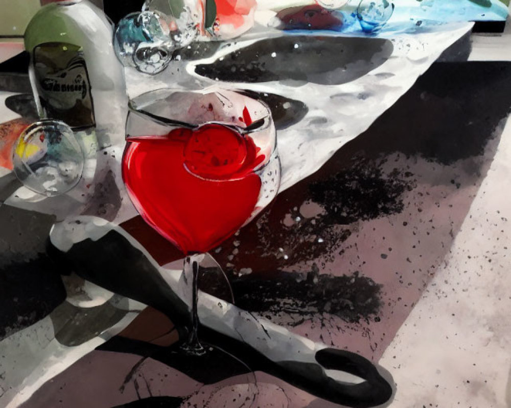 Colorful Still-Life Painting with Spilled Red Liquid, Bottles, and Marbles