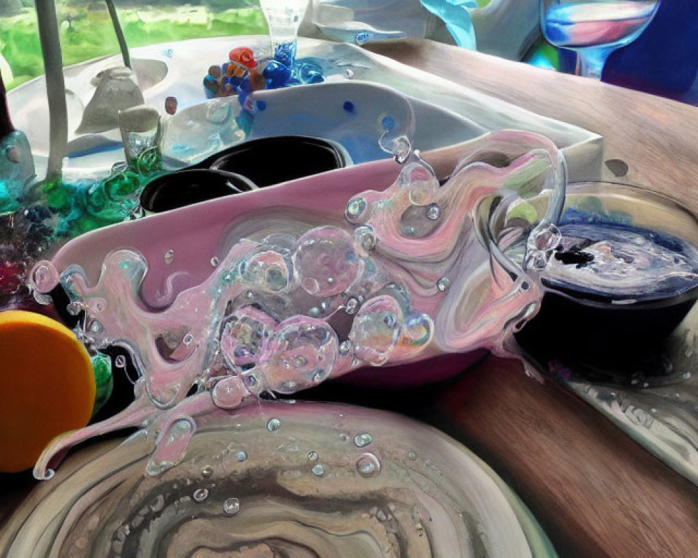 Colorful Glassware and Swirling Patterns on Dining Table Photo