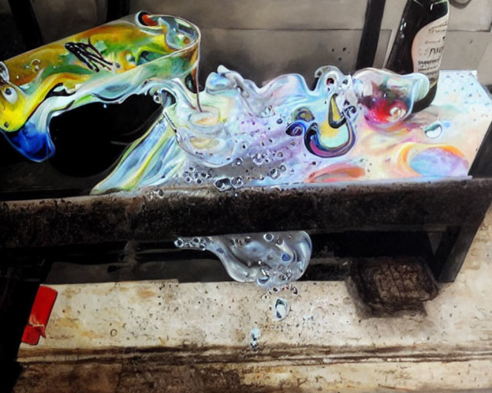 Melting colorful palette on grimy counter with distorted wine bottle and glass