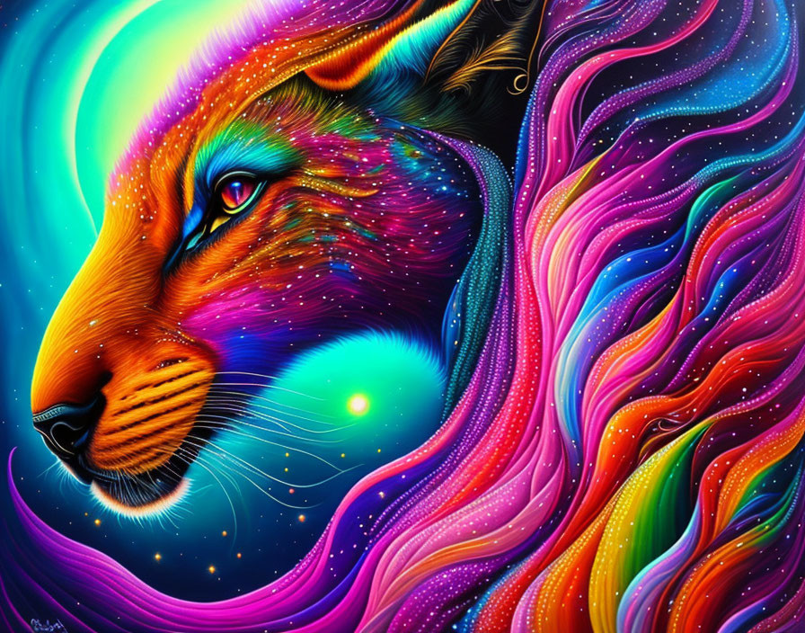 Colorful Psychedelic Wolf Illustration with Cosmic Mane in Starry Space