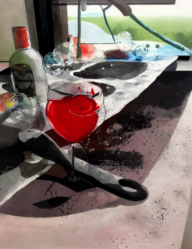 Colorful Still-Life Painting with Spilled Red Liquid, Bottles, and Marbles