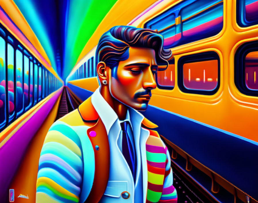 Colorful digital artwork of a stylish man by rainbow train